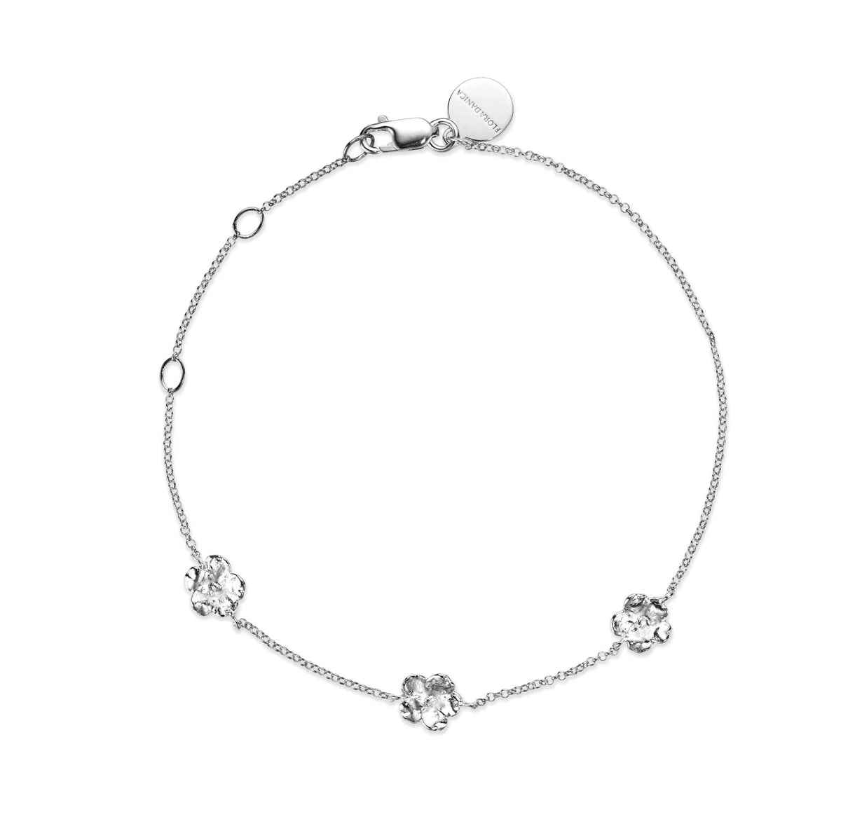 Flora Danica Förgätmigej Armband silver med tre blommor på fin kedja, modell 907-fmn-br-s-1.