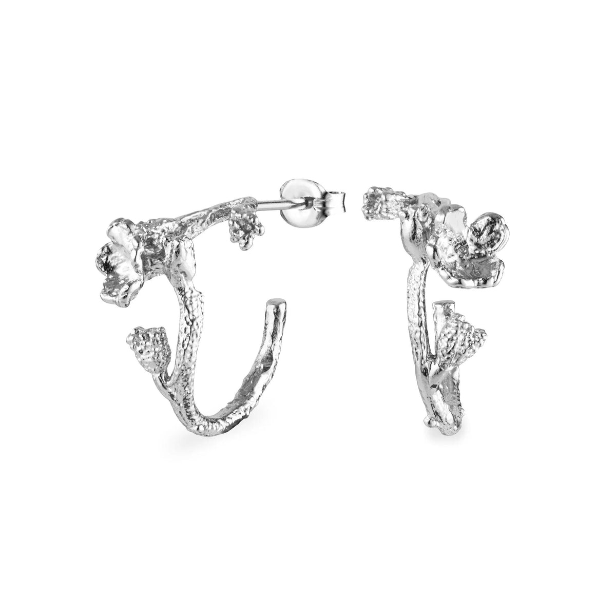 Flora Danica Förgätmigej Hoop silvercreoler med blomdetaljer och organisk yta, modell 907-fmn-hopc-s