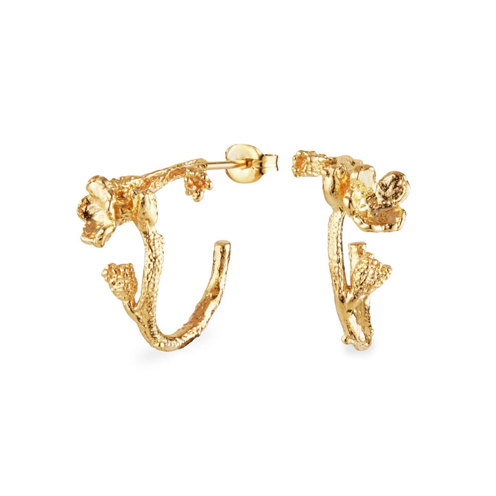 Flora Danica Förgätmigej Hoop silverförgyllda örhängen med blomdetaljer i organiska former, modell 907-fmn-hopc-g.