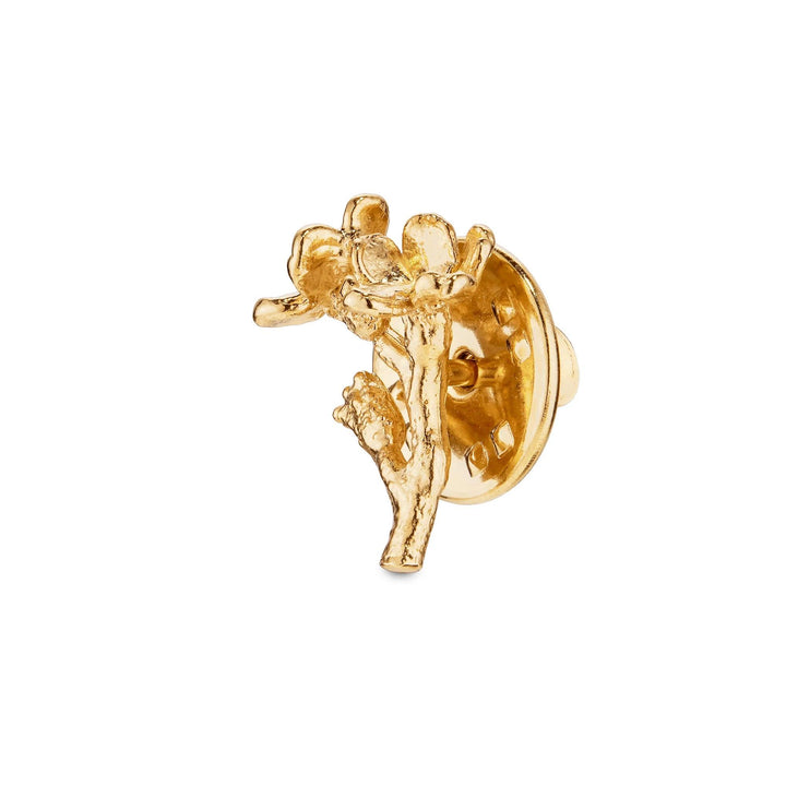 Flora Danica Förgätmigej-nål, förgylld, närbildsdetalj av blomma och stjälk. Modell 907-FMN-PI-G-2