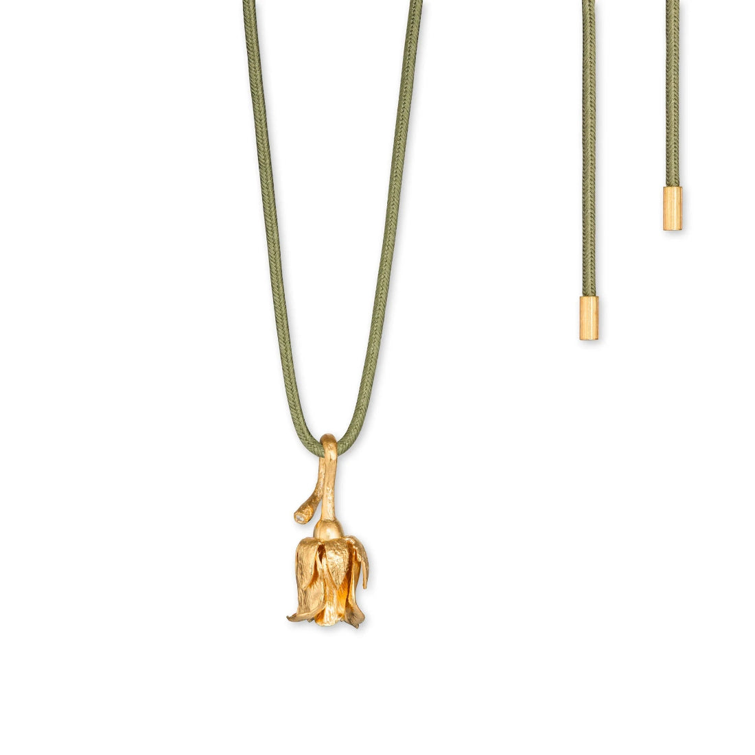 Flora Danica Rose med sidenhalsband, detaljerad guldblomma på grön sidensnöre. Modell 907-ros-silkne-g-1