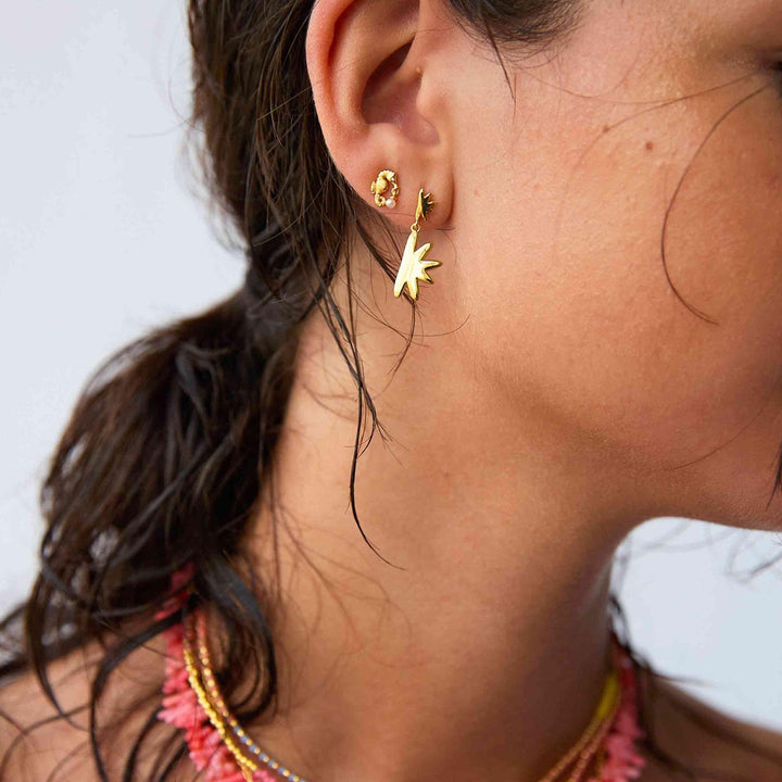 Hultquist Sandy örhängen guldpläterade visas på kvinnans öra med stjärnformade detaljer. Modell S08497G-2