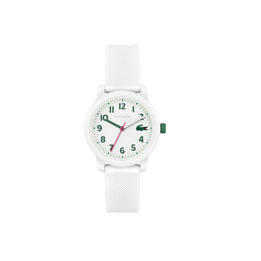Lacoste Junior WATCH 12.12 vit klocka med gröna detaljer, rund vit urtavla och vit silikonrem, modell 203003-1.