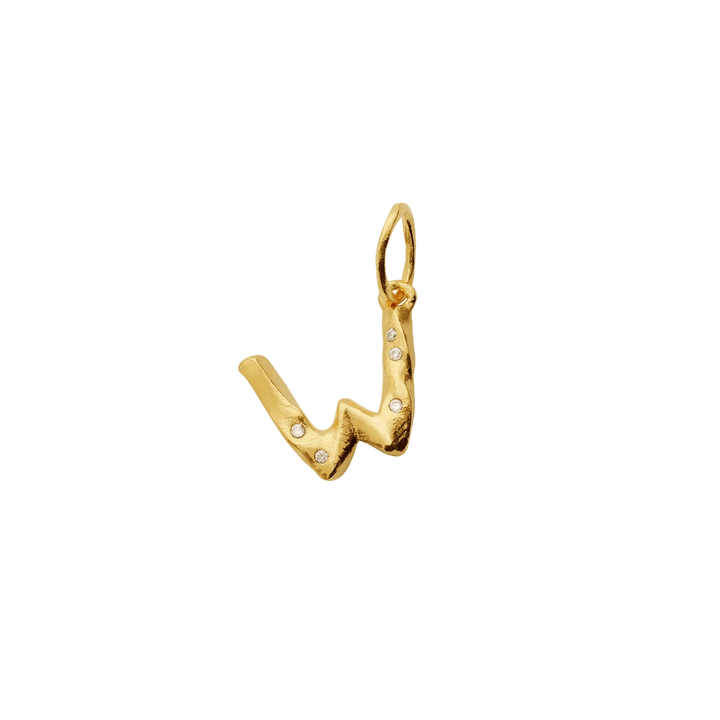 maanesten-alfabet-forgyldt-vedhaeng-bogstavsvedhaeng-a-z viser et forgyldt vedhæng formet som bogstavet W med små sten. Model 2771a-023-22