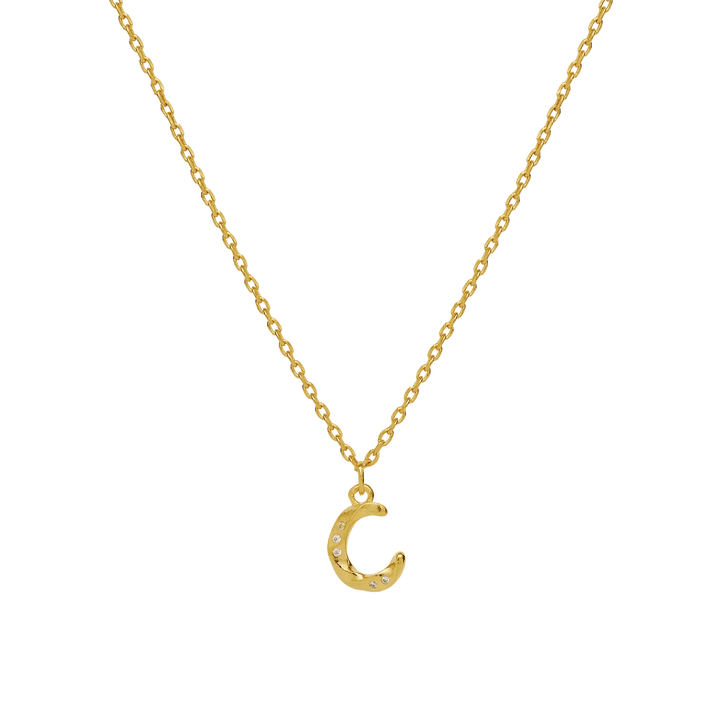 maanesten alphabet letter halskæde forgyldt bogstavs vedhæng a-z, kæde med forgyldt bogstav C og små sten, Model 2744a-003-3