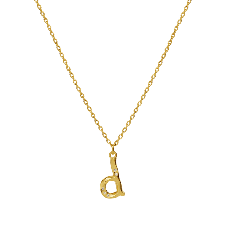 Maanesten Alphabet Letter halskæde forgyldt bogstavsvedhæng d i blank guld, tæt detalje. Model 2744a-004-4