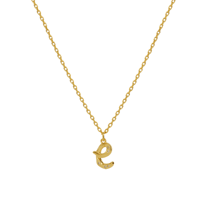 maanesten-alphabet-letter-halskaede-forgyldt-bogstavs-vedhaeng-a-z med forgyldt kæde og bogstav-vedhæng formet som 'e'. Model 2744a-005-8