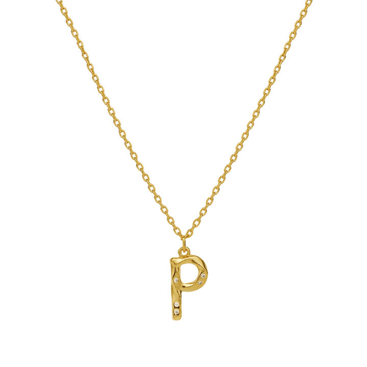 maanesten-alphabet-letter-halskaede-forgyldt-bogstavs-vedhaeng-a-z viser et enkelt forgyldt halskæde med bogstavet P vedhæng i organisk form. Model 2744a-016-16