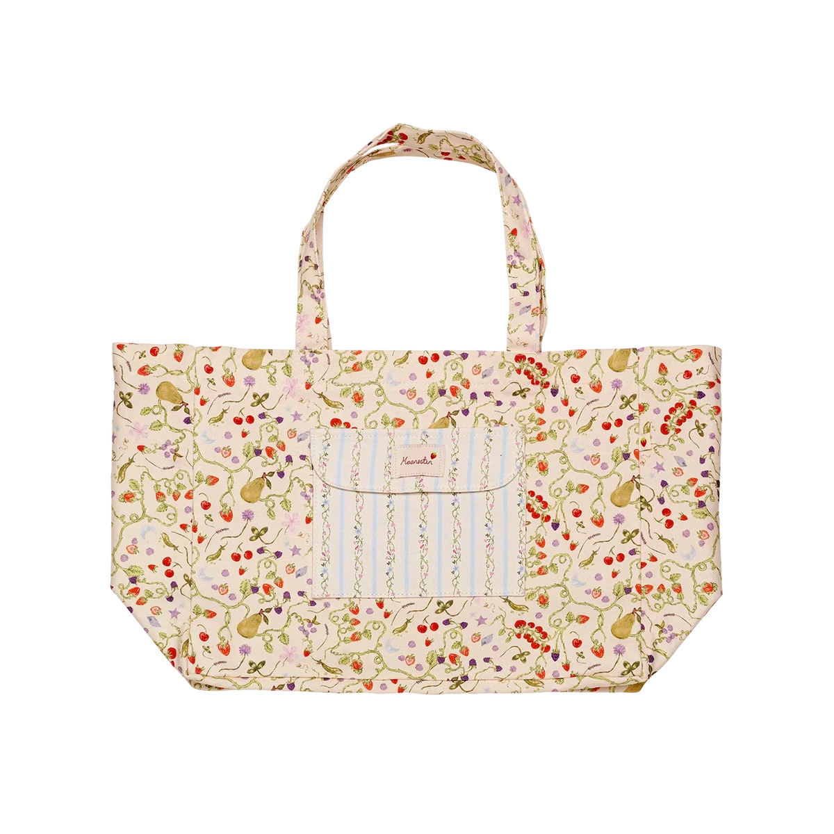 maanesten-big-canvas-tote-garden-magic-elfenben visar stor beige canvas-tote-väska med färgglatt blommönster och framficka. Modell 4122-1