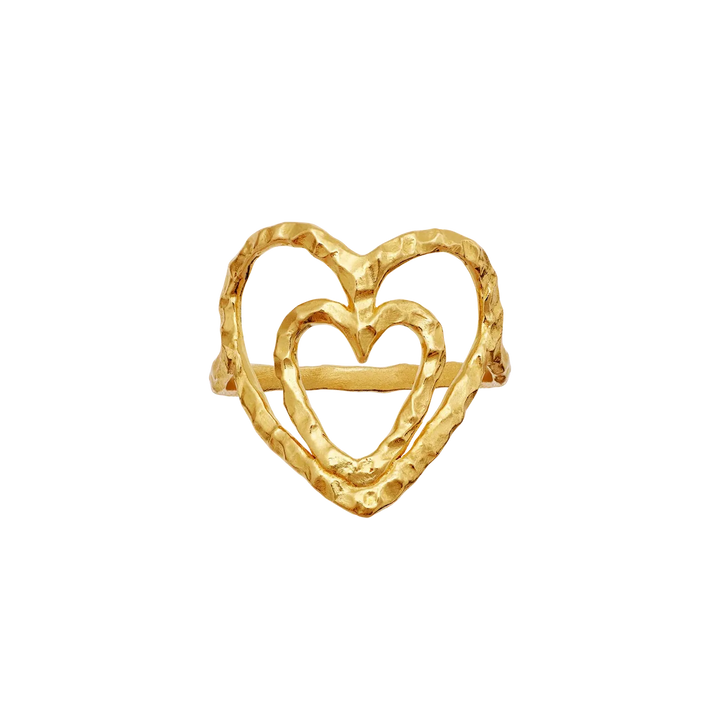 Moonstone Felicity guldpläterad hjärtring med två hamrade öppna hjärtan i gyllene metall, modell 4880a-001.