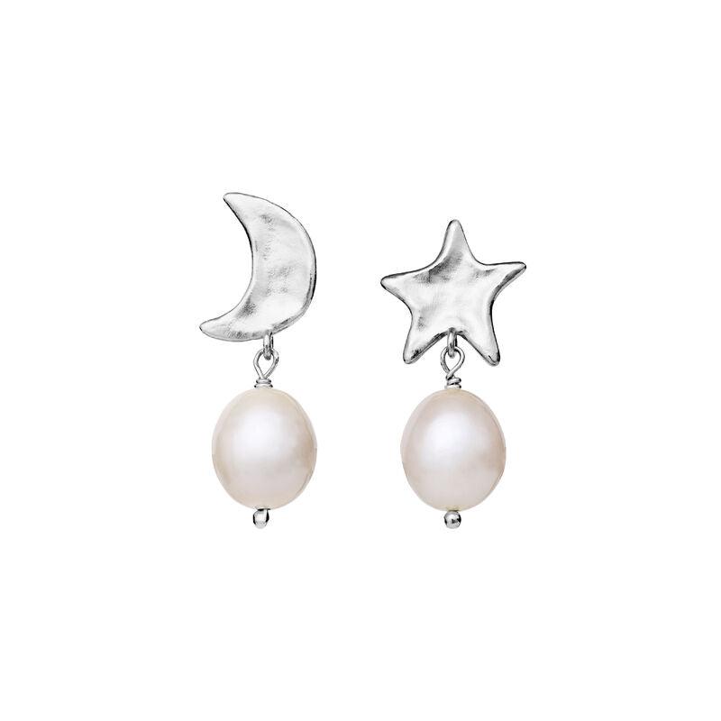 Moonstone Gabrielle silverörhängen med måne och stjärna, båda dekorerade med vita pärlor. Modell 9942c-1