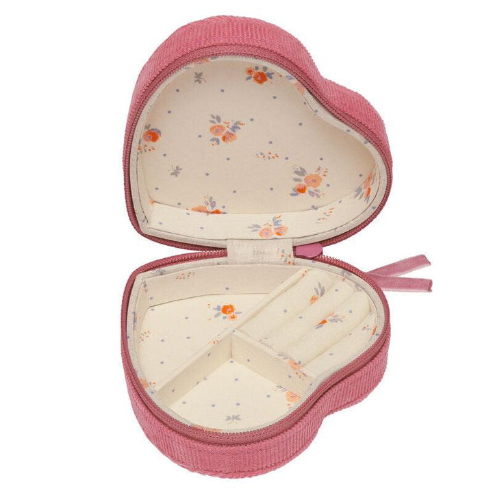 maanesten-hjärta-smyckeskrin-rosa smyckeskrin i rosa textil, öppen med blomfoder inuti. Modell 4103-2