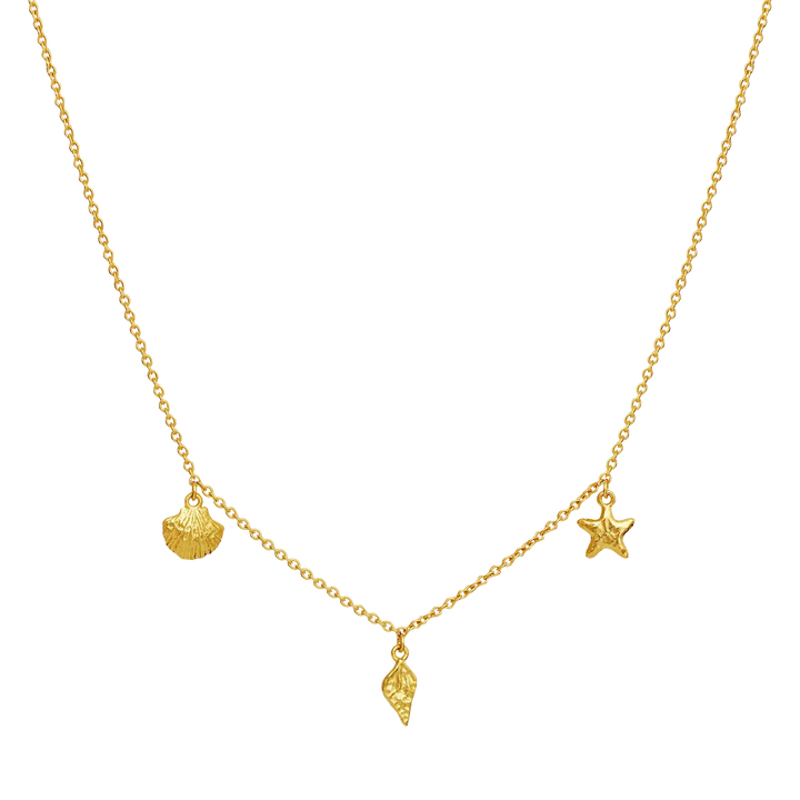 månsten-iluka-halsband förgyllt med fina, gyllene hängen i havstema mot svart bakgrund. Modell 2818a-1.