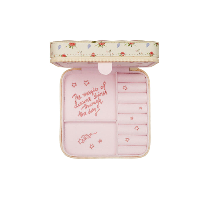 maanesten-smyckeskrin-rosor-och-skal-4062-2, rosa smyckeskrin med blomtryck, öppet lock, modell 4062-2