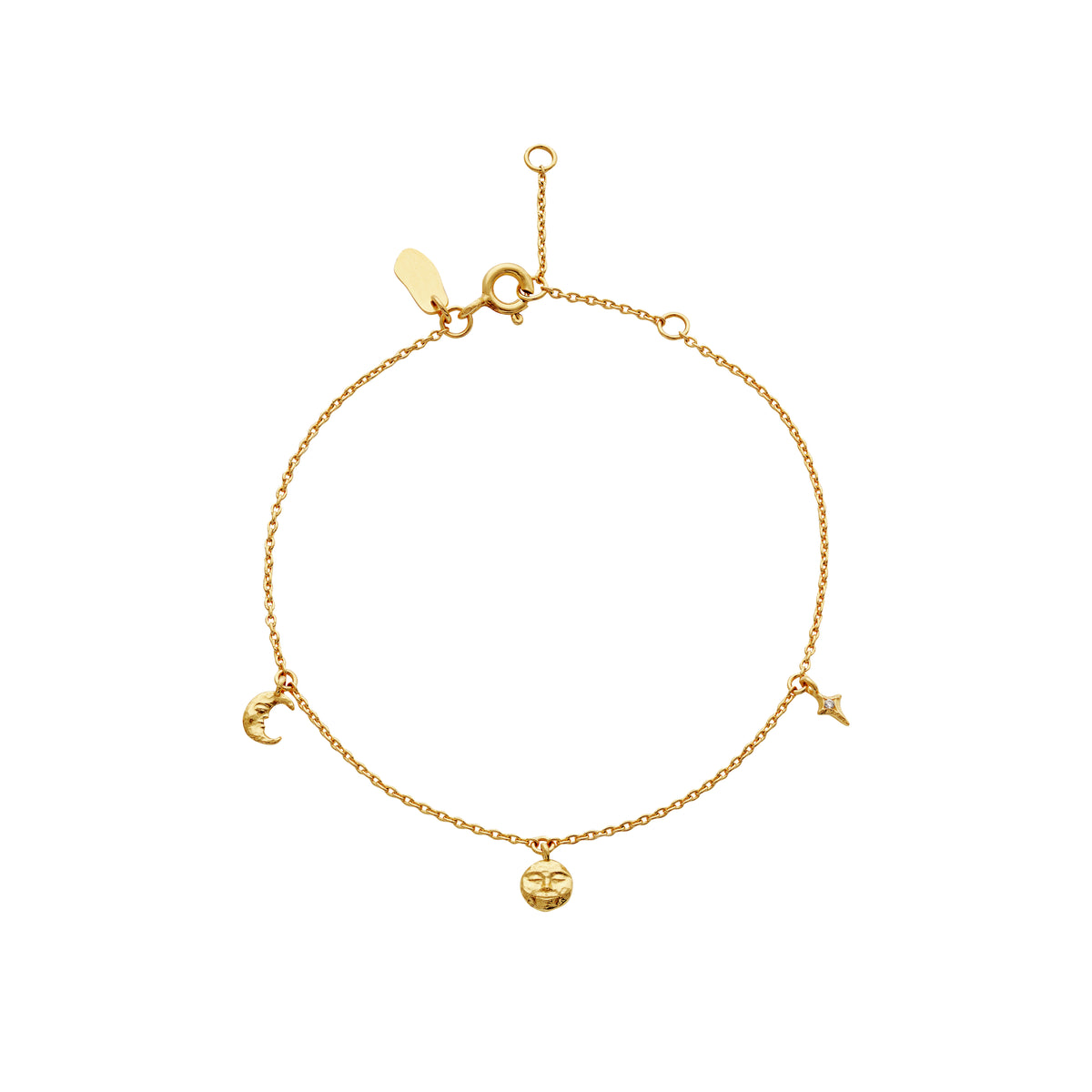 Moonstone Lysander guldpläterat armband med måne, sol och stjärnhängen i gyllene metall. Modell 8691a