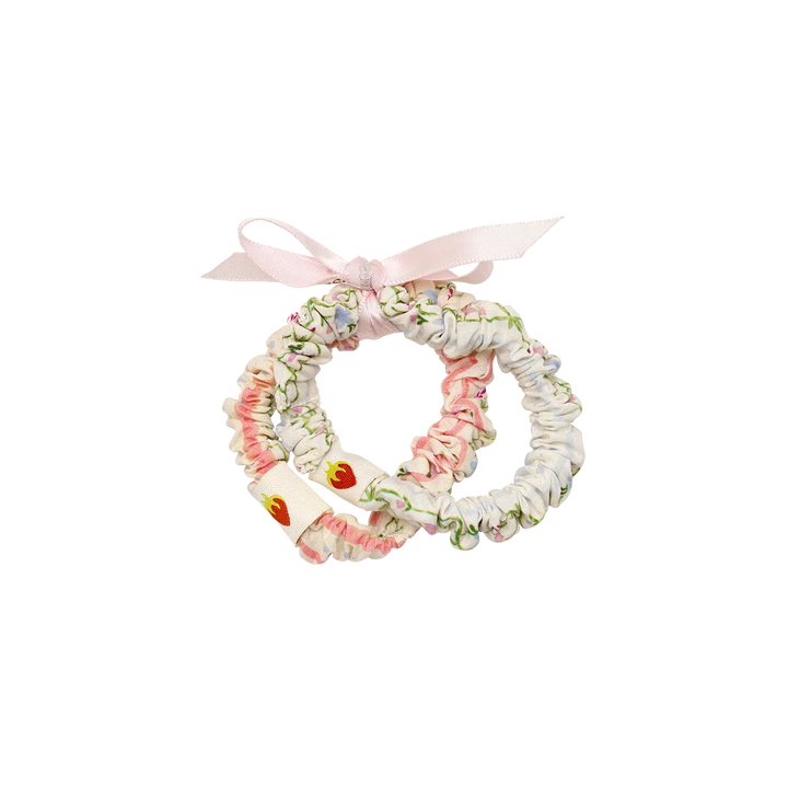 maanesten sommarhårresåruppsättning flerfärgad rand visar två blommiga elastiska band med rosa rosett, modell 4134-1