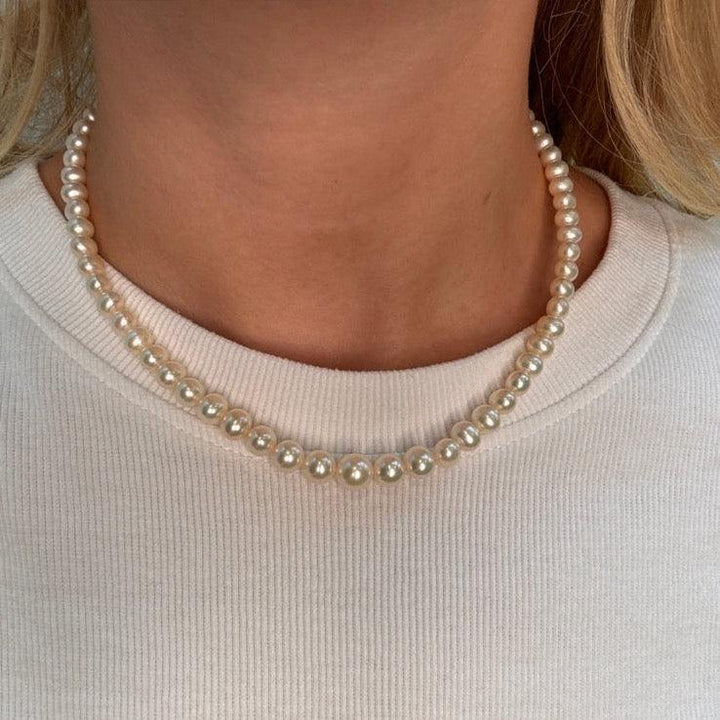 Mads Z 14kt Treasure Pearl halsband som bärs tätt runt halsen, vita pärlor i klassisk stil. Modell 1523006.