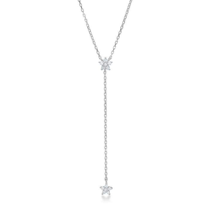Mads Z Celeste silverhalsband med rosa zirconia, enkel kedja med två stjärnhängen i blankt silver. Modell 2127143-2