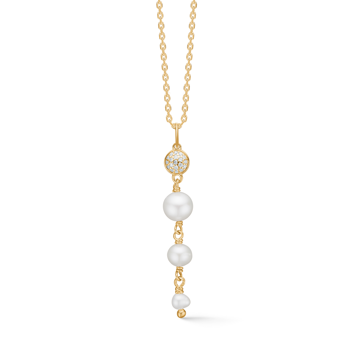 Mads Z Dome 14kt guldhänge med små diamanter och tre vita odlade pärlor. Modell 1533010-1