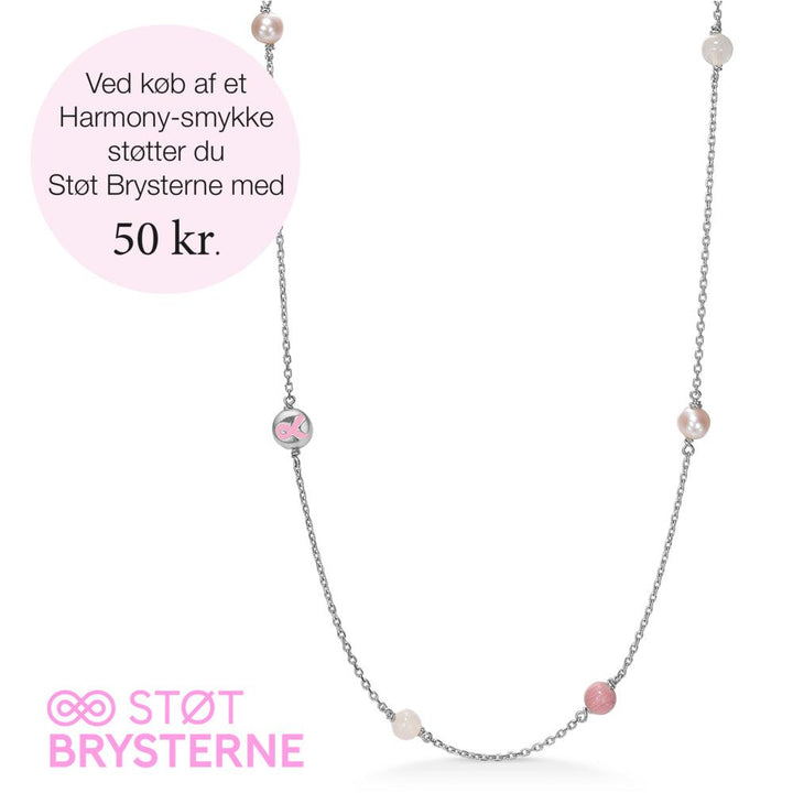 Mads Z Harmony silverhalsband med rosa pärlor och Støt Brysterne-emblem på kedja. Modell 2126200-1
