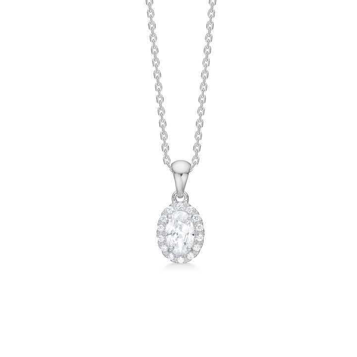 Mads Z Stellar halsband i silver med ovalt gnistrande hänge av klara stenar, modell 3127001.