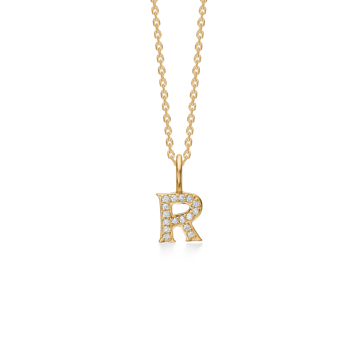 Mads Z Tender Love Bogstavs 14kt guld vedhæng med diamanter, bogstavet R i kæde. Model 1531100-017-18