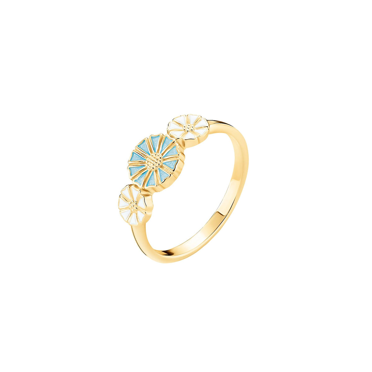 Daisy Ring med 3 prästkragar ljusblå och vit, elegant guldring med tre blommotiv. Modell 9075097-lb-001-1