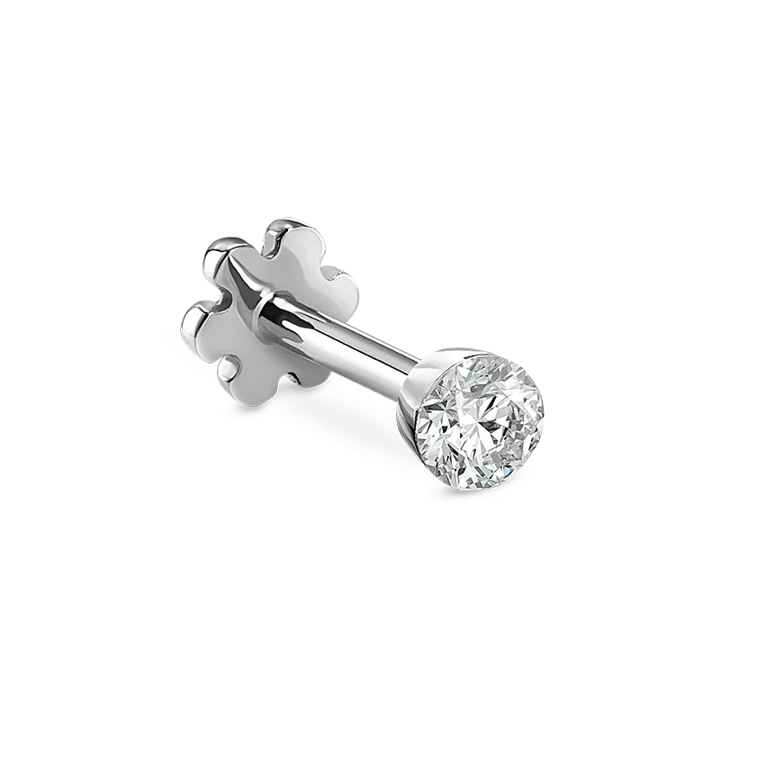 Maria Tash Invisible Set Diamond 2mm vitguld framstår som en enkel, glänsande stift med klar diamant. Modell xivd-wg-w2-001-1