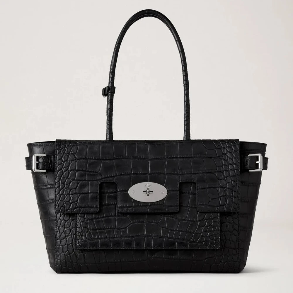 Mulberry Spänne Bayswater NVT Croc, svart axelväska i krokodilpräglat läder med silverspänne. Modell HH9957741A100