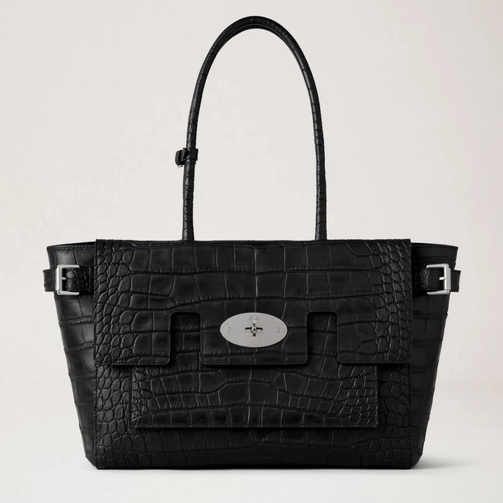 Mulberry Spänne Bayswater NVT Croc, svart axelväska i krokodilpräglat läder med silverspänne. Modell HH9957741A100