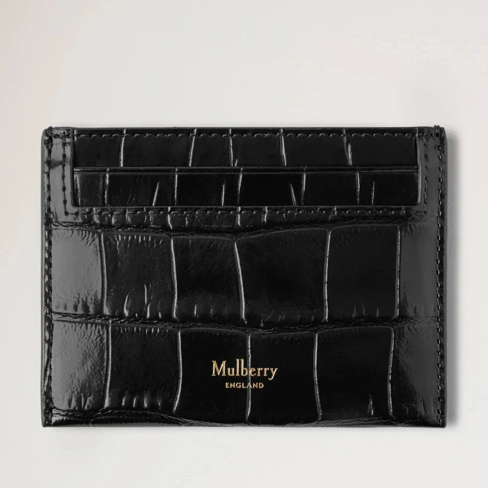 Mulberry Kreditkortsslip Black Shiny Small Croc visar framsidan i svart glänsande läder med krokodilstruktur. Modell RL8748641A100.