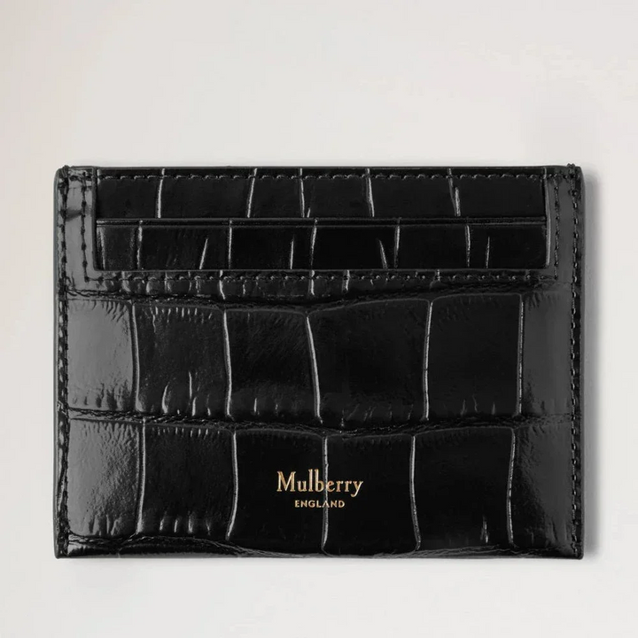 Mulberry Kreditkortsslip Black Shiny Small Croc visar framsidan i svart glänsande läder med krokodilstruktur. Modell RL8748641A100.