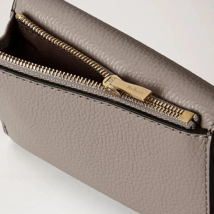 Mulberry Darley Vikt flerkortsplånbok Cashmere Taupe liten klassisk korn med exponerad gulddragkedja, detaljvy av läderstruktur, modell RL6665205F924