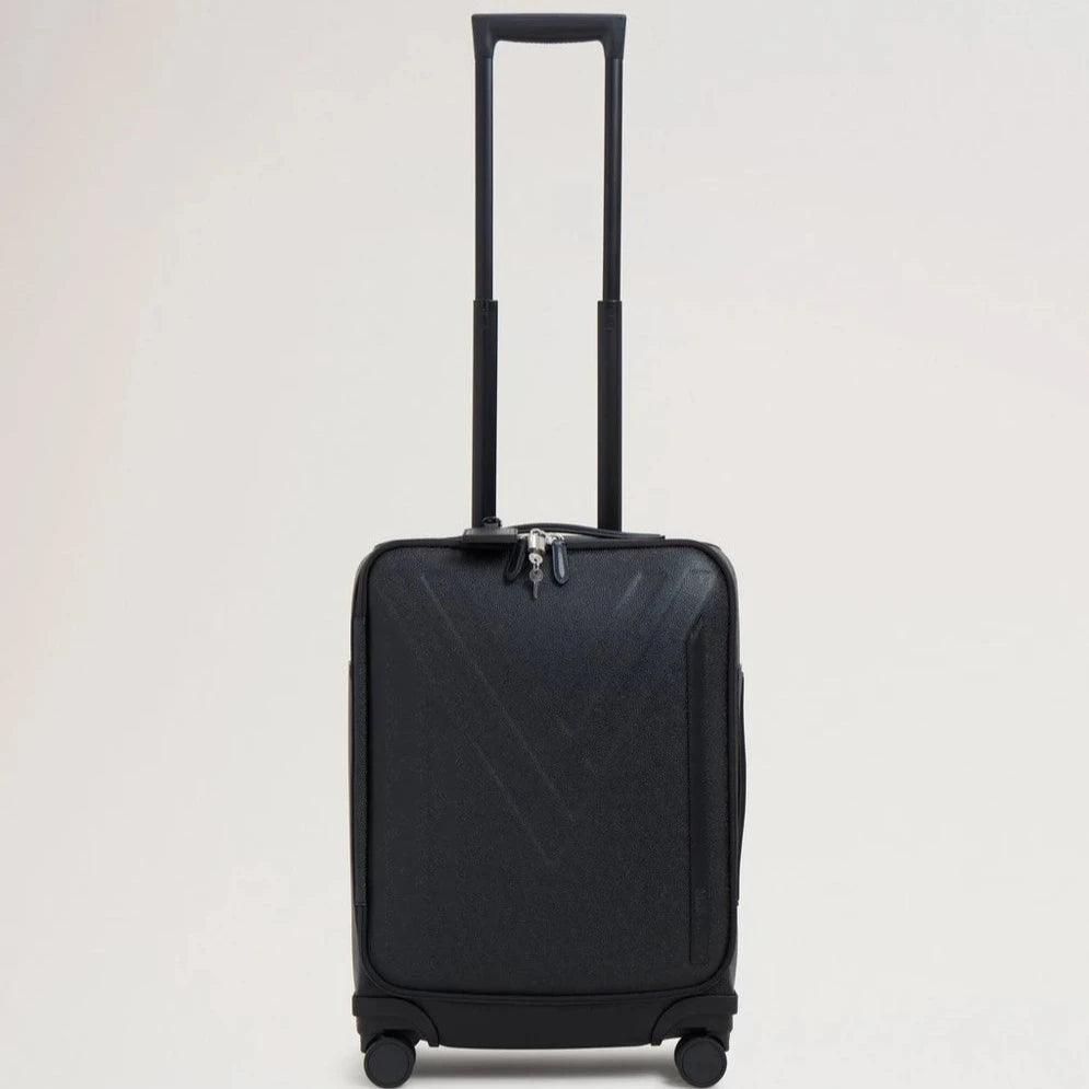 Mulberry Heritage 4 Wheel Suitecase Eco Scotchgrain i svart, framifrån med utdragbart handtag. Modell HL5158127A100.