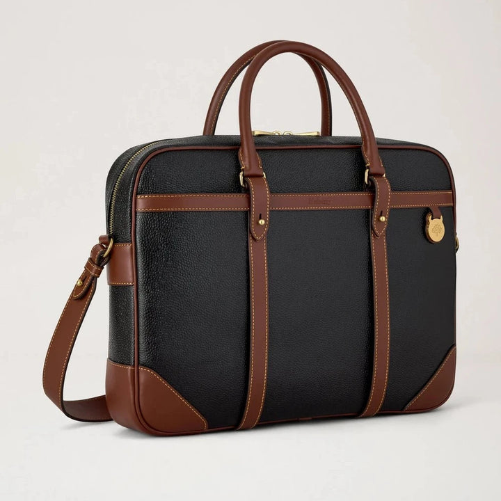 Mulberry Heritage Portfölj svart och cognac biobaserad scotchgrain med handtag och rem, modell HB5130127A340.