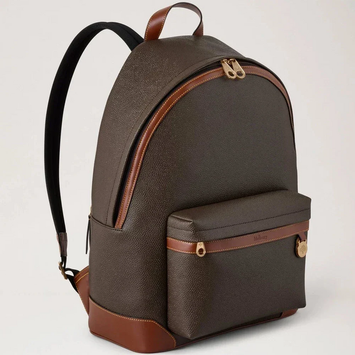 Mulberry Heritage Zipped Backpack Mole and Cognac Biobaserad Scotchgrain, brun ryggsäck med fram- och sidfickor, modell HS5215127Q330.