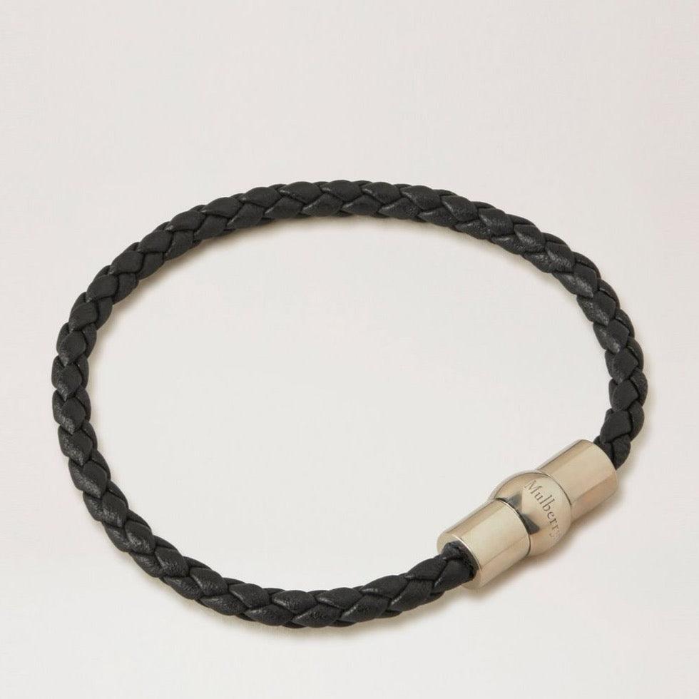 Mulberry Iris Unisex vävt läderarmband med flätat svart läder och silverlås. Modell QB2389657A100-001