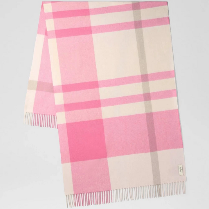 Mulberry Stor rutig Merinoull Scarf Blossom Pink och Geranium Pink med stora rosa rutor i mjuk ull, modell VS4295889J008.