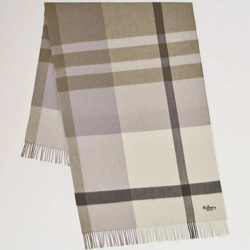 Mulberry Large Check Merino Wool Scarf Eggshell & Olive Merino Wool - Tørklæder - VS4295/889W563