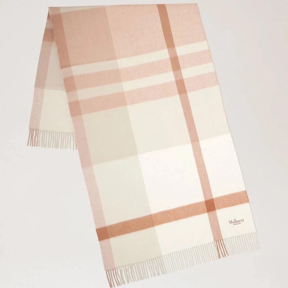 Mulberry Stor rutig merinoullscarf visad ovikt med rutigt mönster i beige och vitt, modell VS4295889E640.