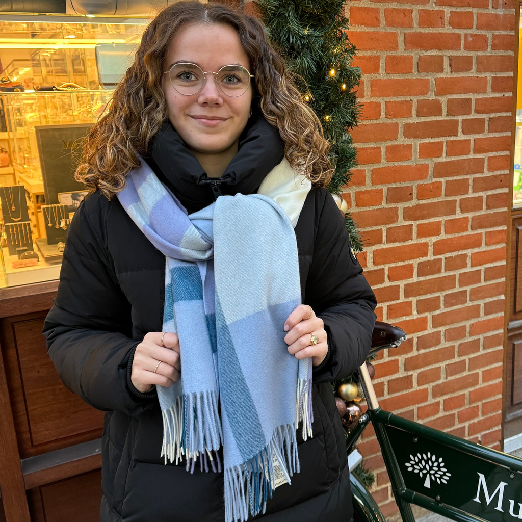 Mulberry Large Check Merino Wool Scarf Poplin Blue-White - Tørklæder - VS4295/889U910