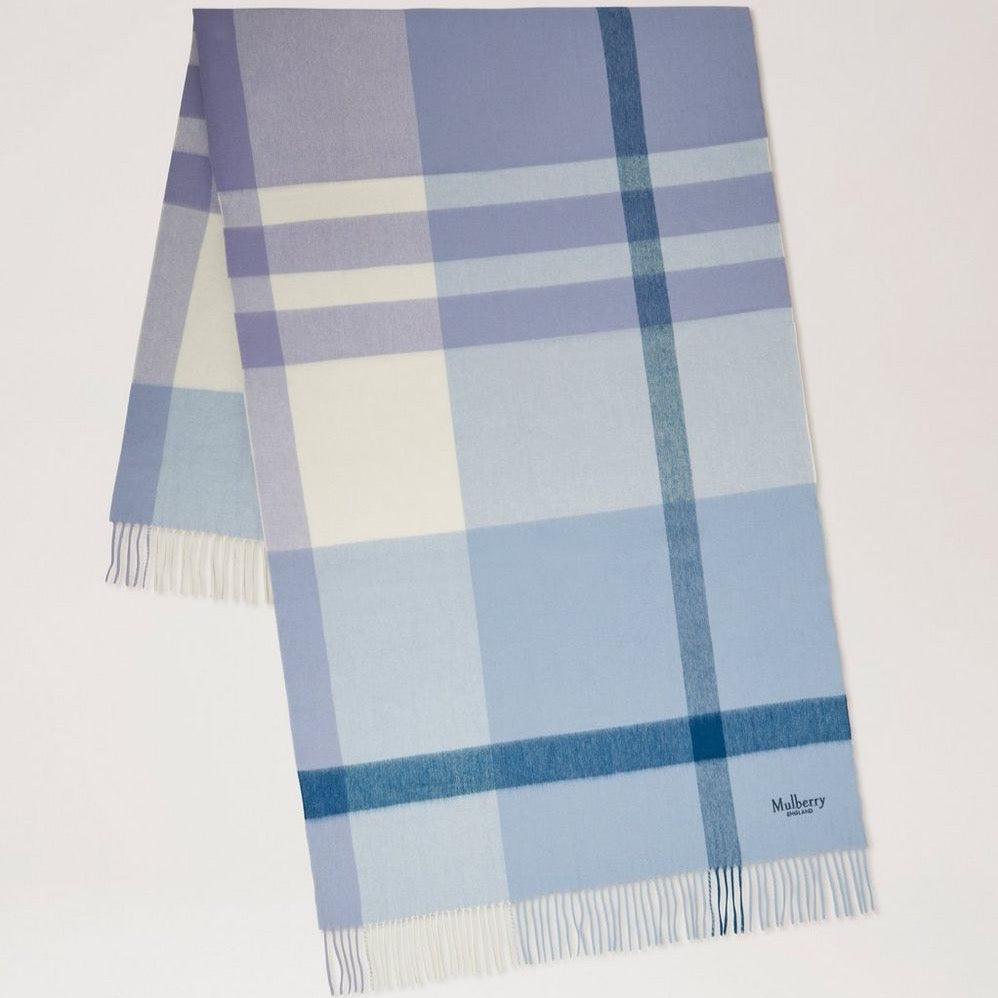 Mulberry Stor rutig Merinoullscarf Poplin Blå Vit i blå och vit rutig ull, Modell VS4295889U910.