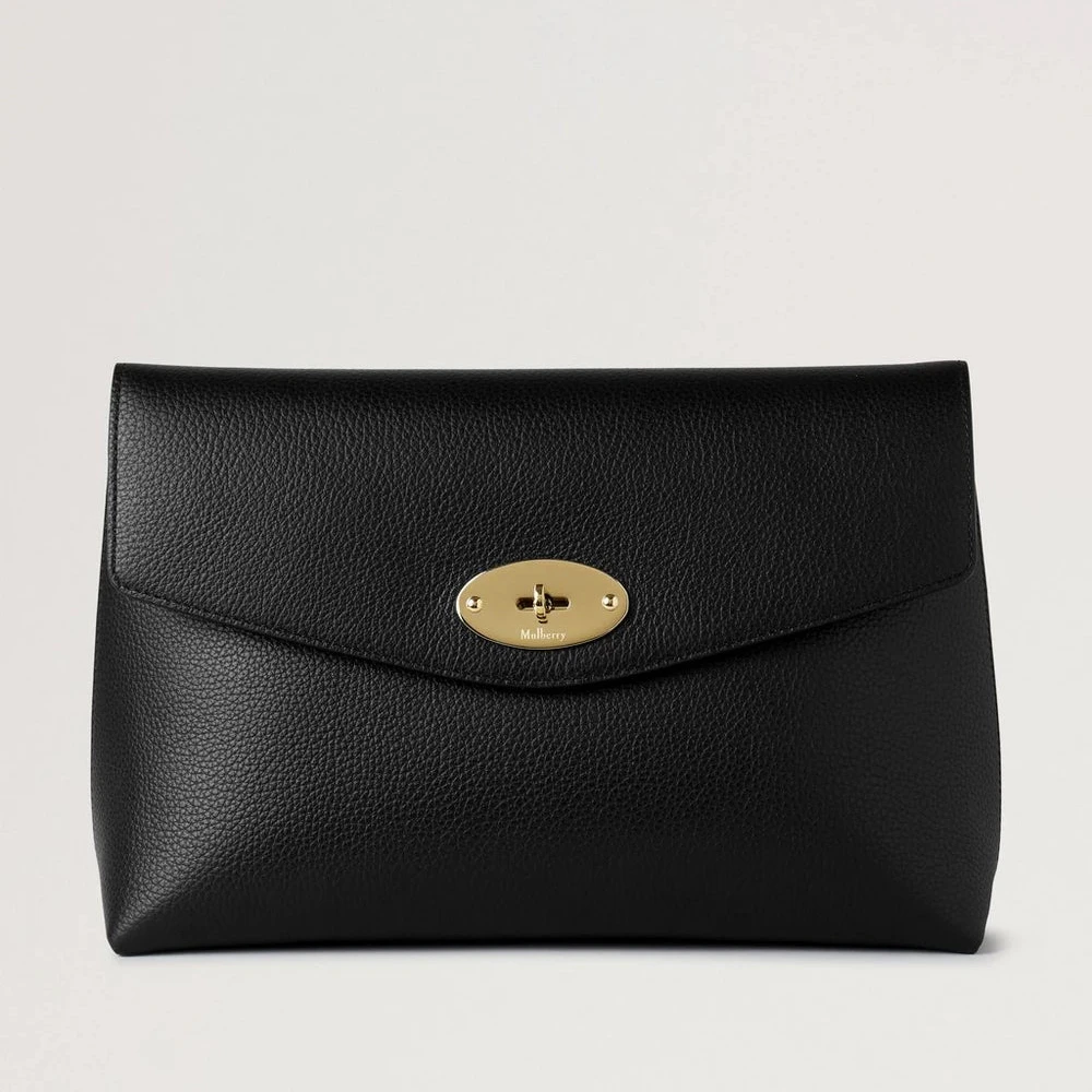 Mulberry Stora Darley Cosmetic Pouch Black Small Classic Grain med gyllene spänne, svart läder. Modell RL8849205A100