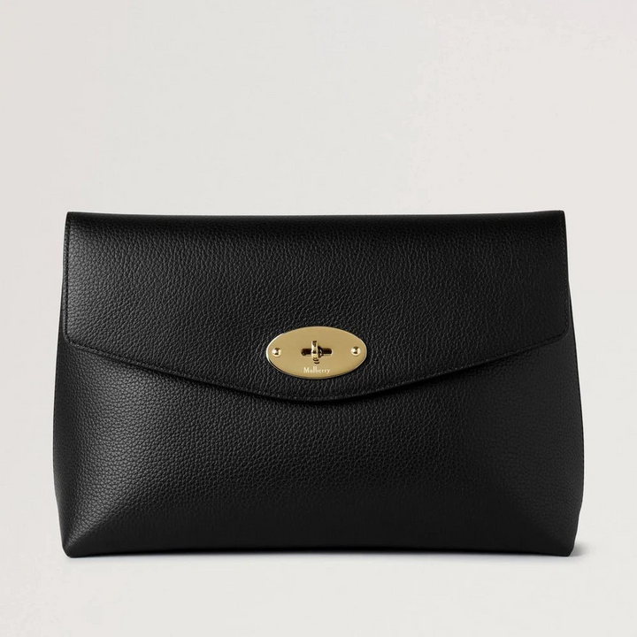 Mulberry Stora Darley Cosmetic Pouch Black Small Classic Grain med gyllene spänne, svart läder. Modell RL8849205A100