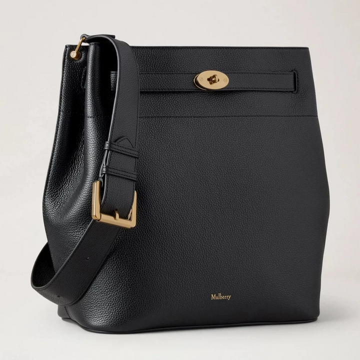 Mulberry Stora Islington Bucket Small Classic Grain Black väska i svart läder med gulddetaljer, Modell hh9825205a100.