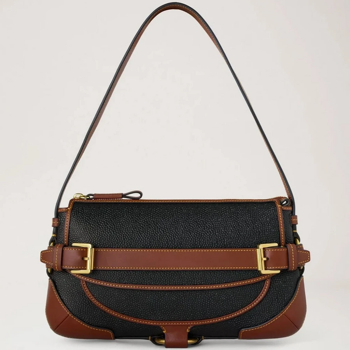 Mulberry Lennox Axelväska i svart och cognac biobaserad Scotchgrain med detaljer, Modell HH0015127A340.