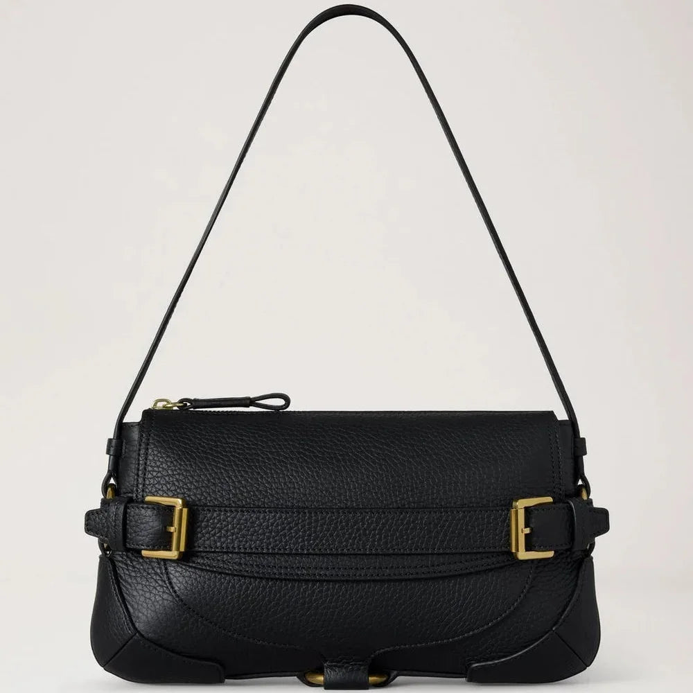 Mulberry Lennox Shoulder Heavy Grain Svart axelväska i svart läder med guldfärgade spännen, Modell hh0030736a100