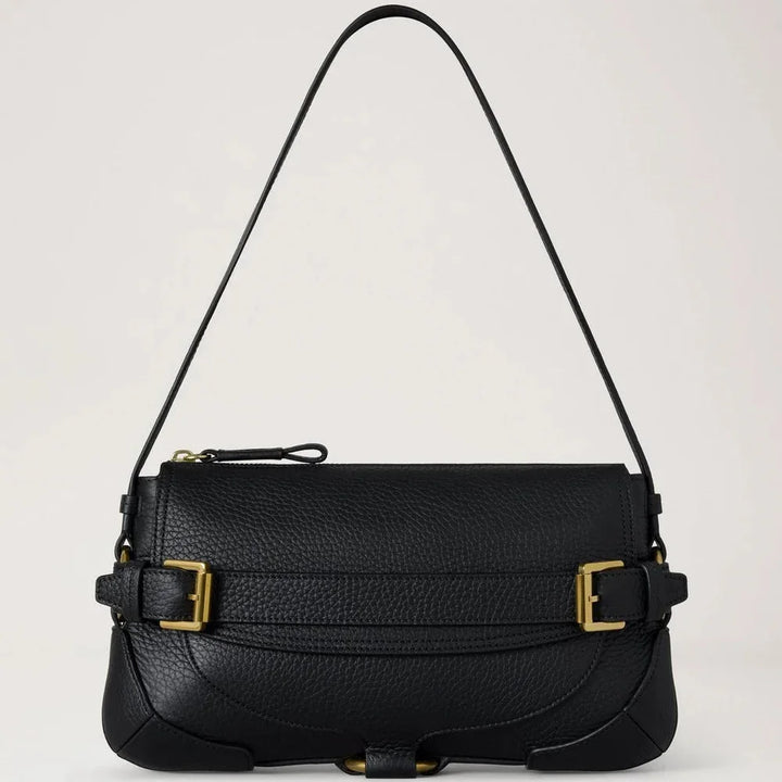 Mulberry Lennox Shoulder Heavy Grain Svart axelväska i svart läder med guldfärgade spännen, Modell hh0030736a100