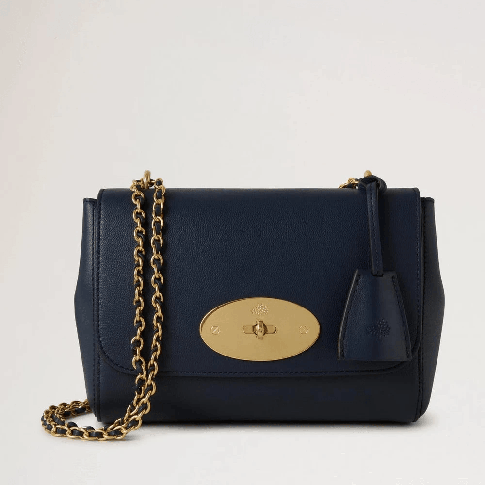 Mulberry Lily Micro Classic Grain Night Sky, mörkblå läderväska med guldkedja och lås, modell HH9179587U888.