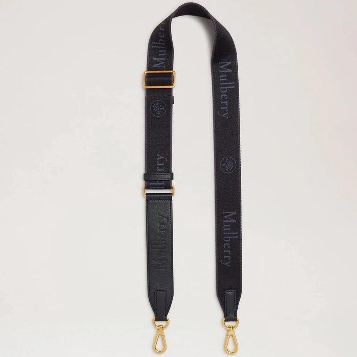 Mulberry Logo Webbing Strap Black Micro Classic Grain and Webbing, svart rem med logotyp, justerbara och guldfärgade spännen. Modell rx0283000a100
